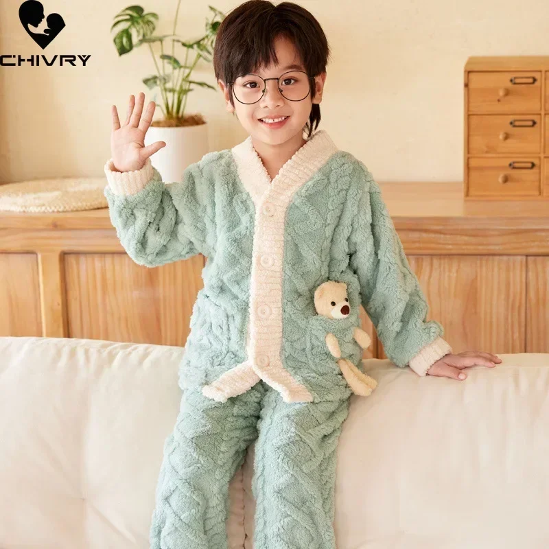 New Autumn Winter Kids Thicken Warm Flannel Pajamas Baby Boys Girls Cartoon Bear V-neck Casual Sleepwear Clothing Sets Pyjamas