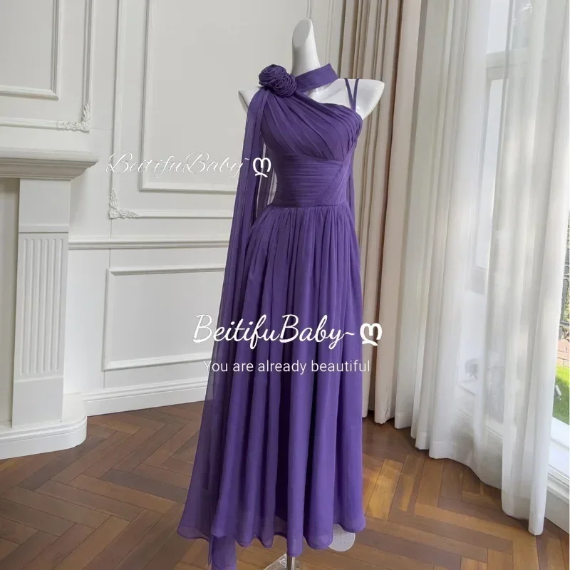 BeitifuBaby Evening Dress for Women Simple Style Purple Slanted Shoulder Waist for Slimming Banquet Gown Party Dresses Vestidos