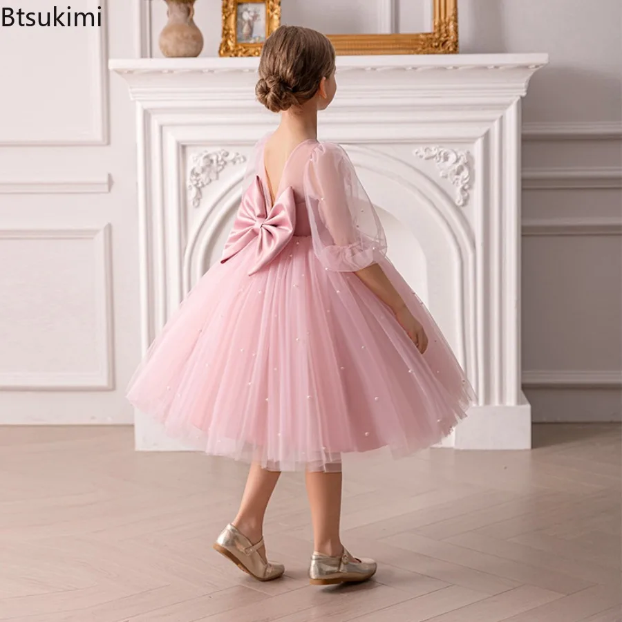 Children Dresses V-Back Big Bow Pearls Princess Dress Birthday Party Tulle Dress for Girls Performance Wedding Prom Fluffy Gown