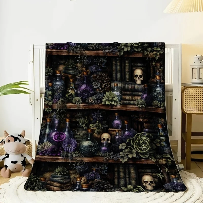 Gothic Bookshelf Flannel Blanket Magic Potions Skull Succulent Fleece Blanket Soft Cozy Warm Throw Blankets For Bed Sofa