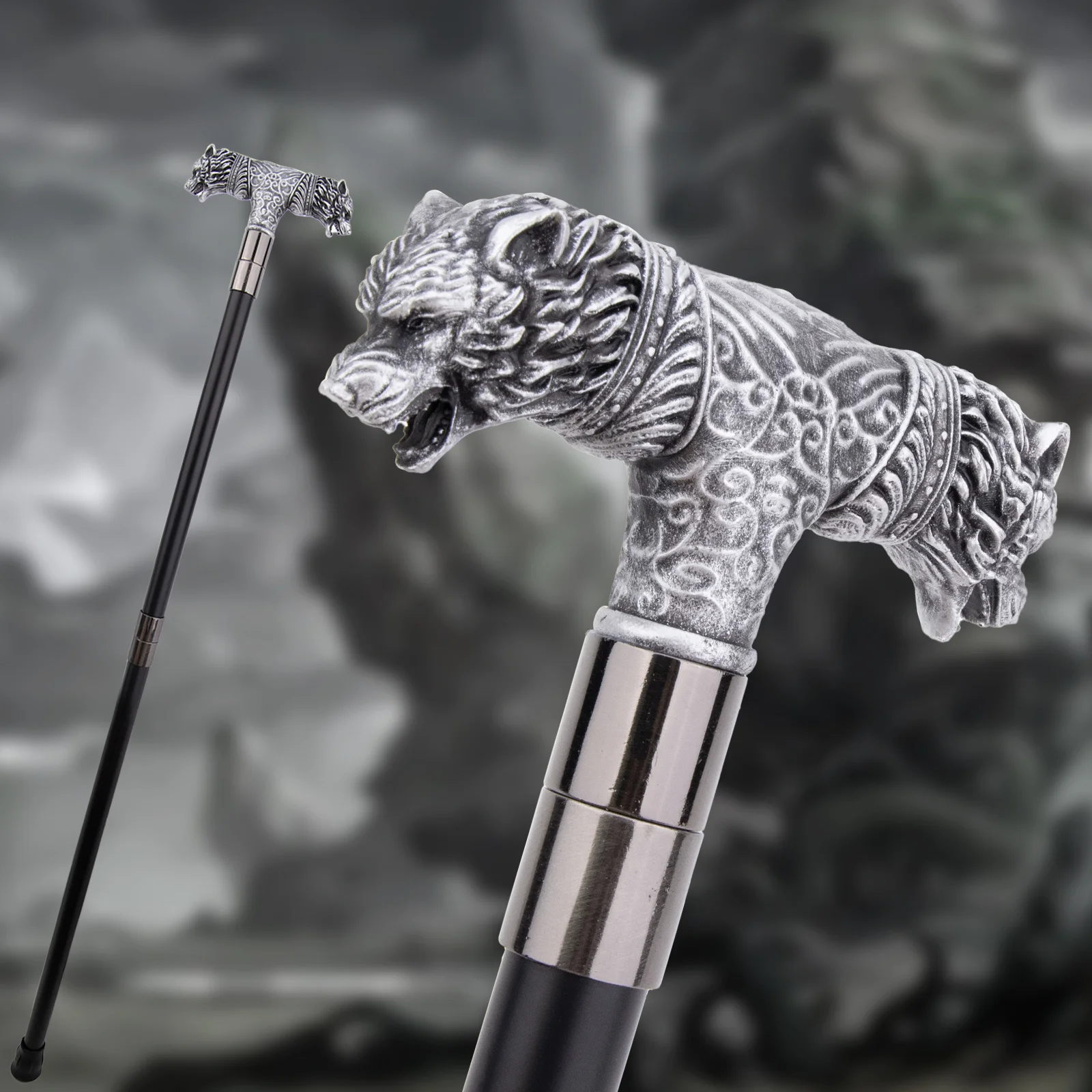 Silver Resin Wolf Double Head Walking Cane Fashion Steel Stick Elegant Cosplay Cane Knob Crosier Performance Stage Cane 92cm