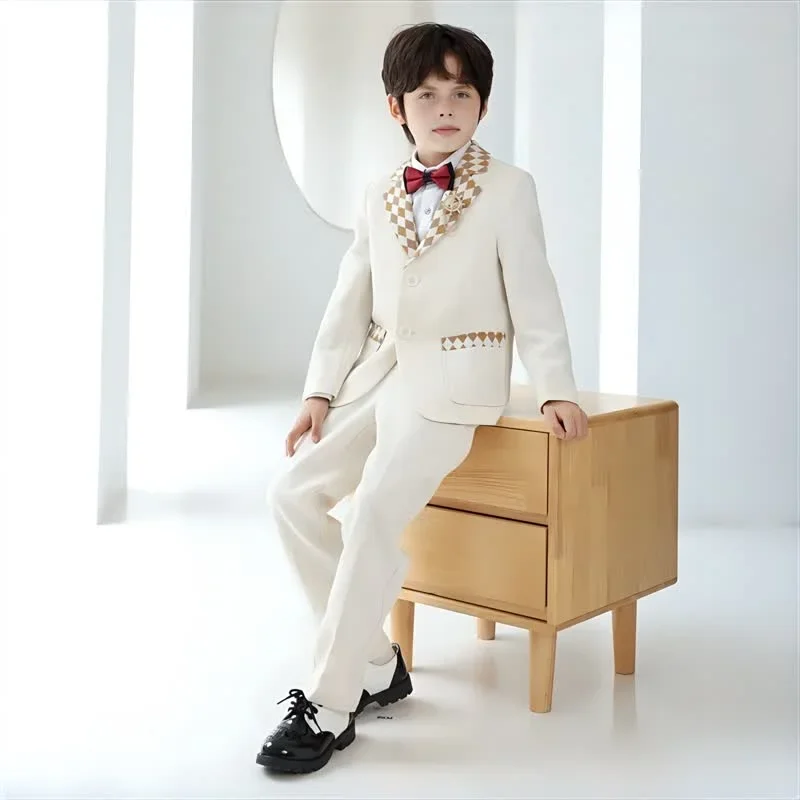 

Teen Children Piano Performance Costume Fashion Plaid Patchwork Design Boys Wedding Suit Set 13 14 Y Formal Kids Birthday Tuxedo