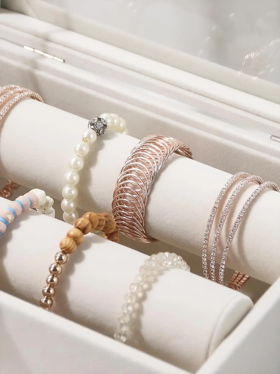 Bracelet Holder Organizer Box, Jewelry Storage Case with 2 Rods, Bangle Watch Display Tray for Women Girls (Beige)