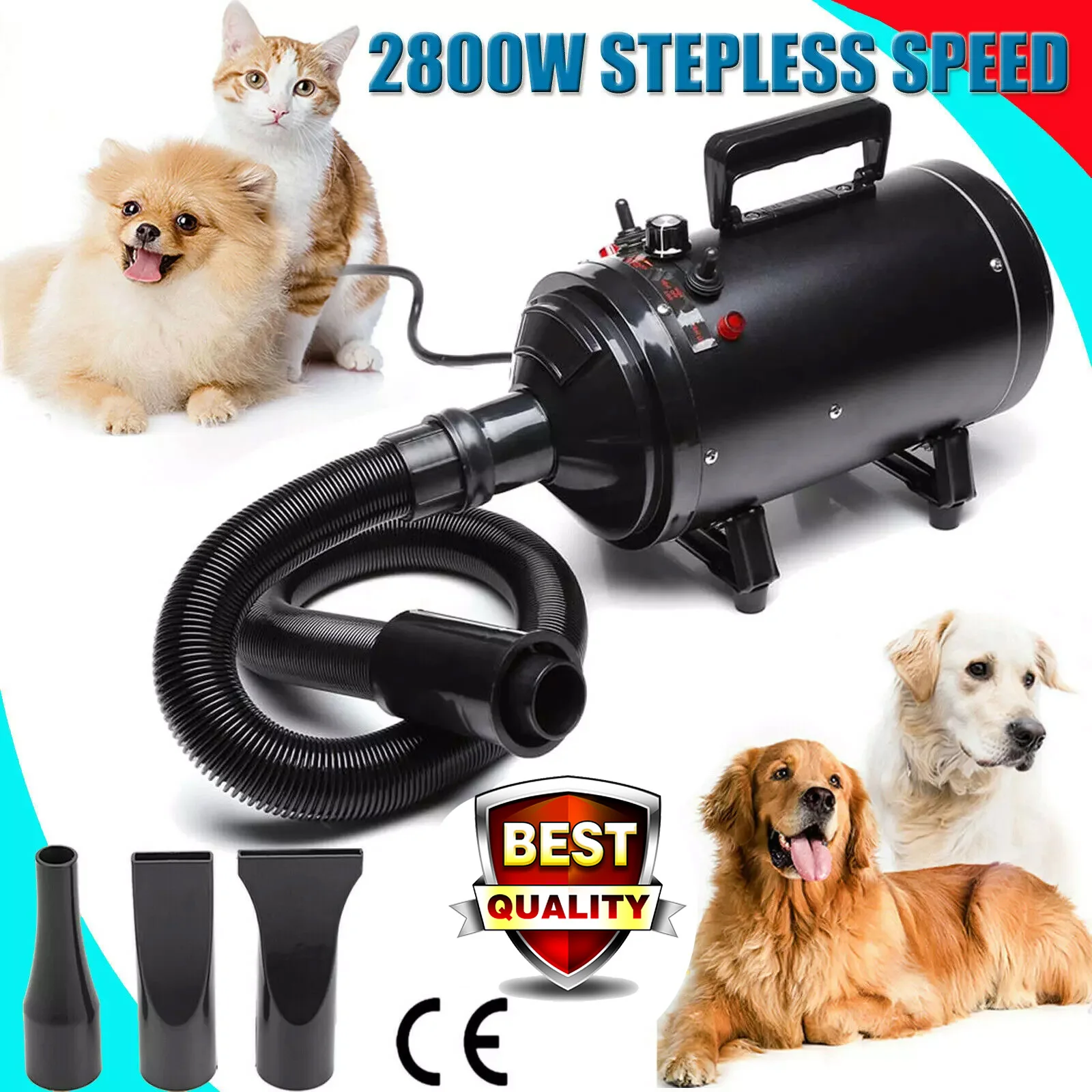 2800W Dog Blow Dryer Adjustable Speed Temperature Control with 3 Nozzles, Extendable Hose for Pet Hair Grooming, Vehicle Dryer