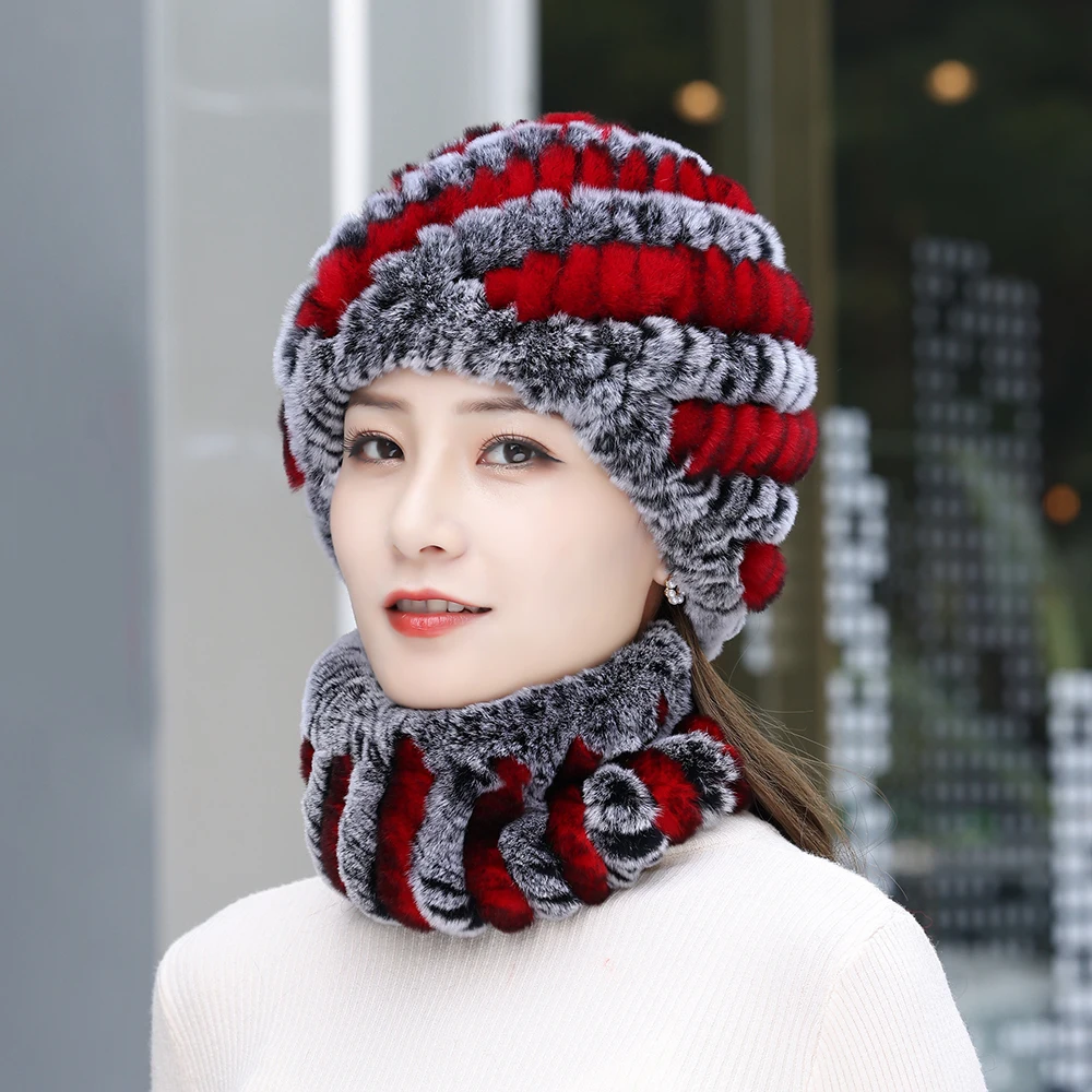 2025 Women Real Rex Rabbit Fur Hat Scarf Sets Natural Warm Rex Rabbit Fur Scarves Hat Winter Lady Real Rex Rabbit Fur Hat Scarf