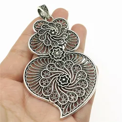 WYSIWYG 1pcs 90x50mm Filigree Big Carved Flower Heart Charm Pendant For Jewelry Making