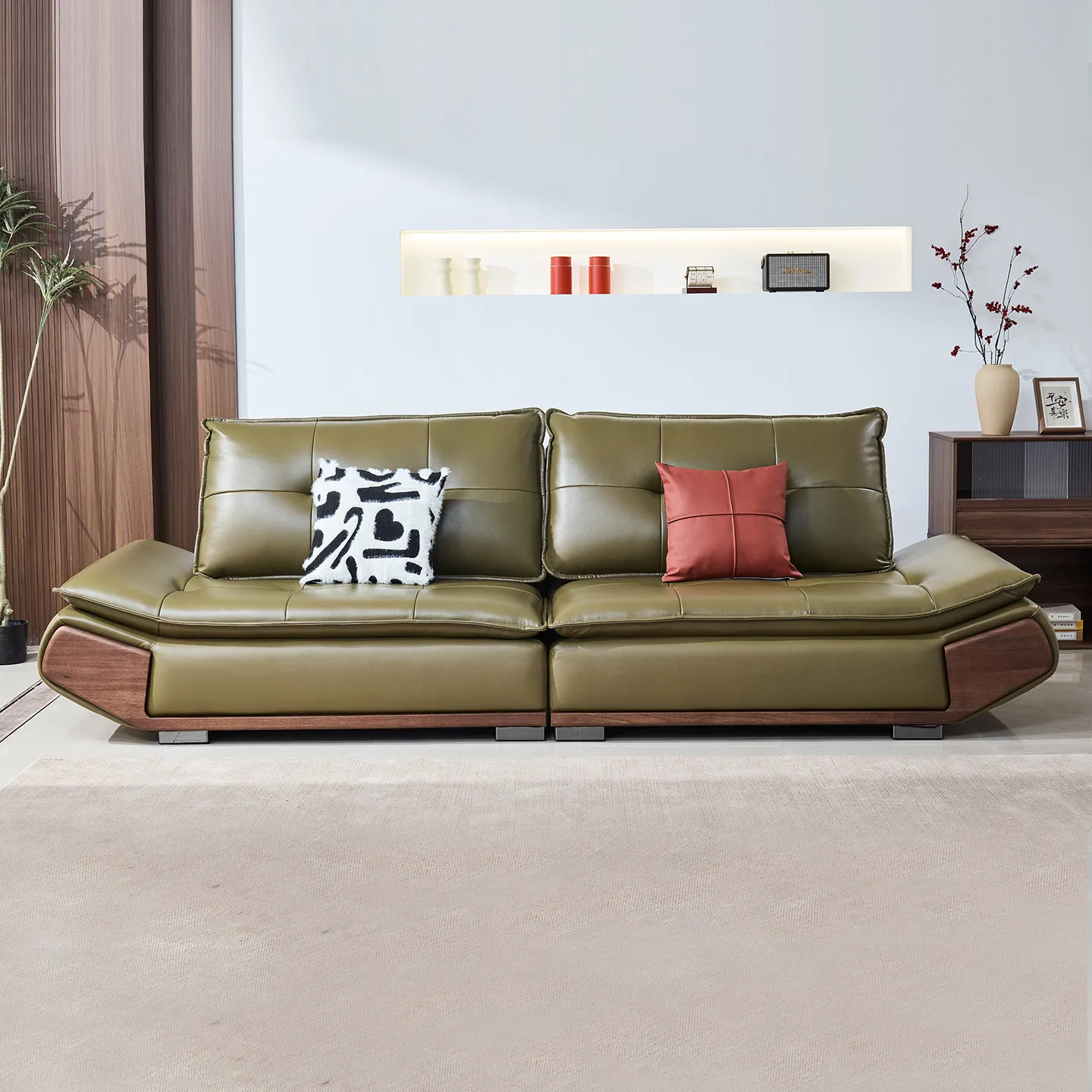 First layer cowhide, leather sofa, all solid wood, black walnut, Italian minimalism