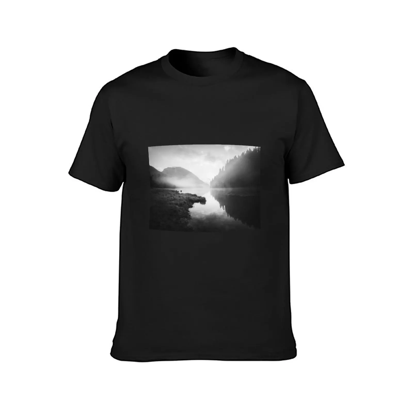 Black and white picture of the Weitsee with reflection in the water in Chiemgau in Bavaria T-Shirt heavyweights men t shirts