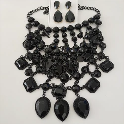 2025 New Indian Ethnic Round Water Drop Crystal Tassel Necklace Earrings Jewelry Sets Women Boho Statement Large Collar Necklace