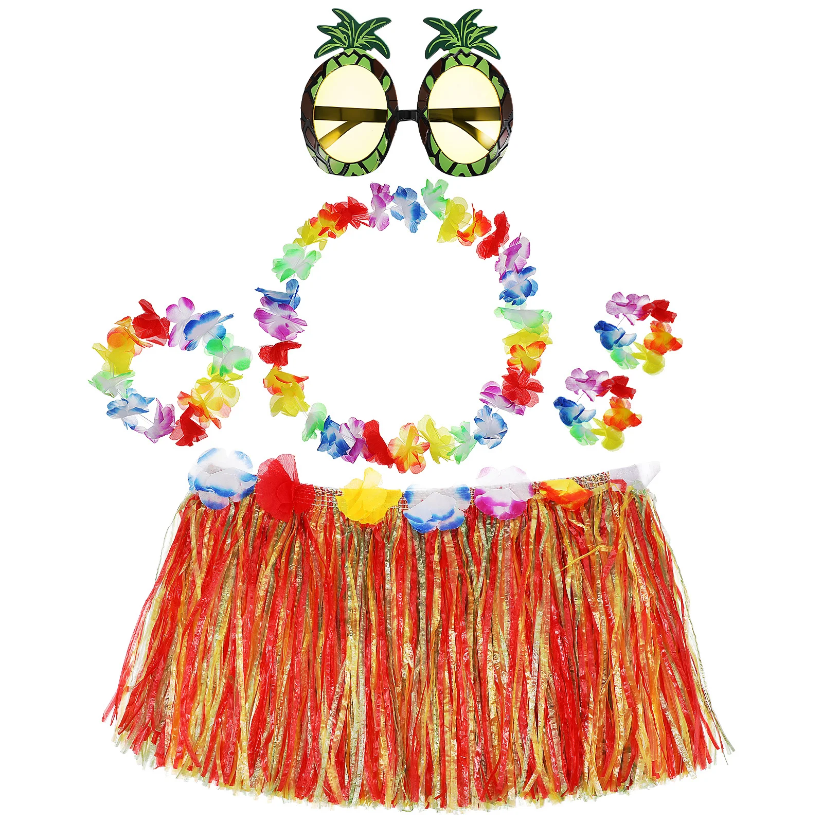 

1 set Hawaiian Outfit Grass Skirt Flower Necklace Sunglasses Set 30DoubleLayer Skirts Colorful Garland PineappleGlasses Plastic