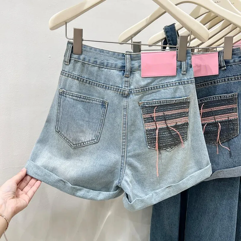 

Vintage Pocket Tassel Denim Shorts Women's New 2023 Summer Fashion Casual Curling Wide Legs Short Jeans s575