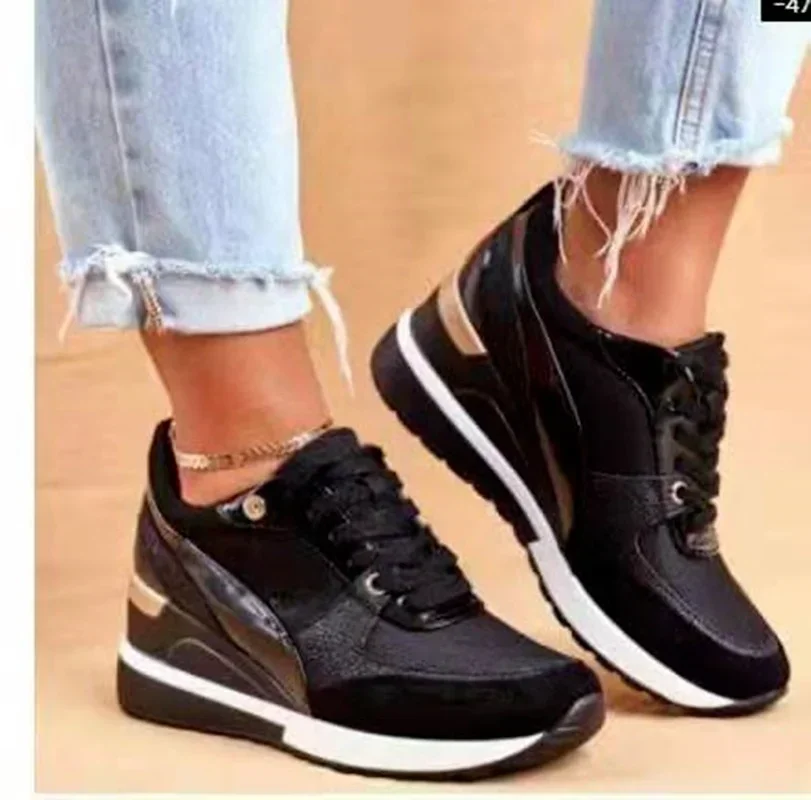 Autumn Winter New Color Matching Spring Low-top Daily Black Gold Breathable Round Toe Women Slope Heel Casual Female Shoes