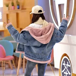 Women's Denim Jackets Hooded Female Jeans Coat Outerwears Winter 2024 for Cold Warm Pink Patchwork Padded with Fur Plush Luxury