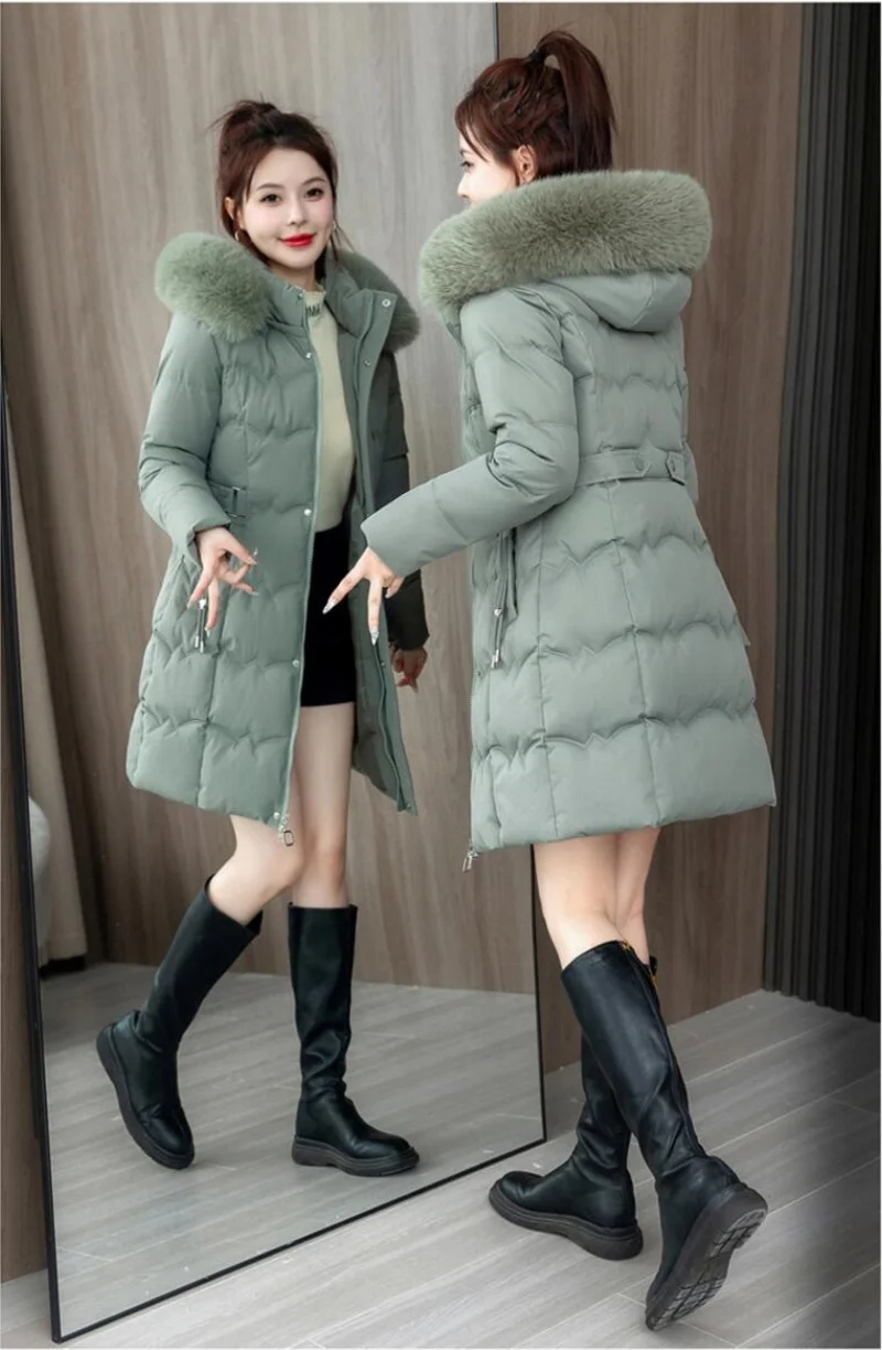 

New High-End down Cotton Coat Women's Winter New Sle Korean Version Mid-Length Thiened Warm Coat with Large Fur Collar
