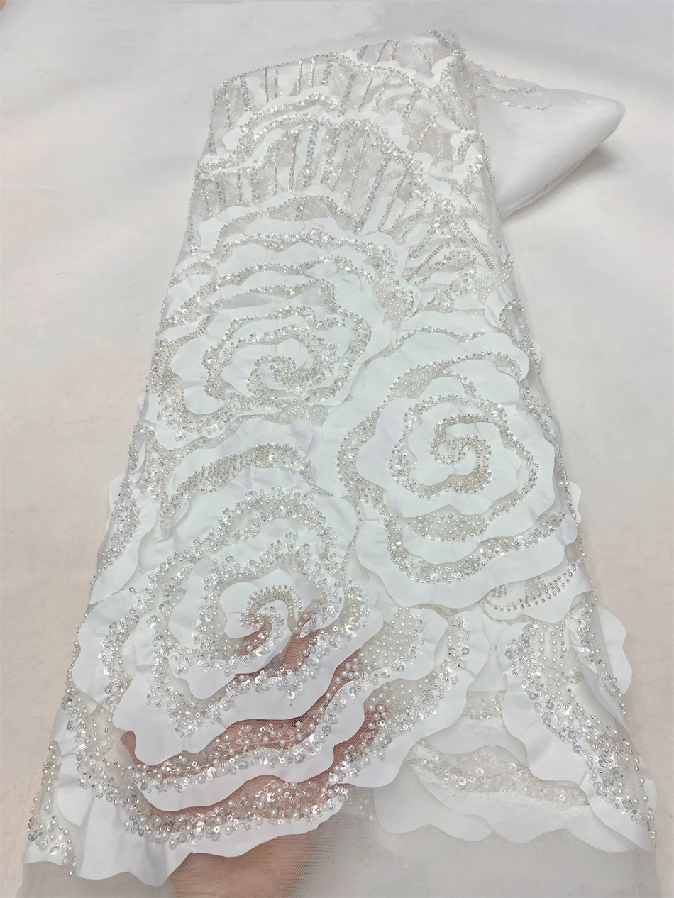 

High Quality Fashion African Sequins Tulle Embroidered Groom Lace Fabric Beaded Sequins Lace Fabric For Nigerian Wedding Dress