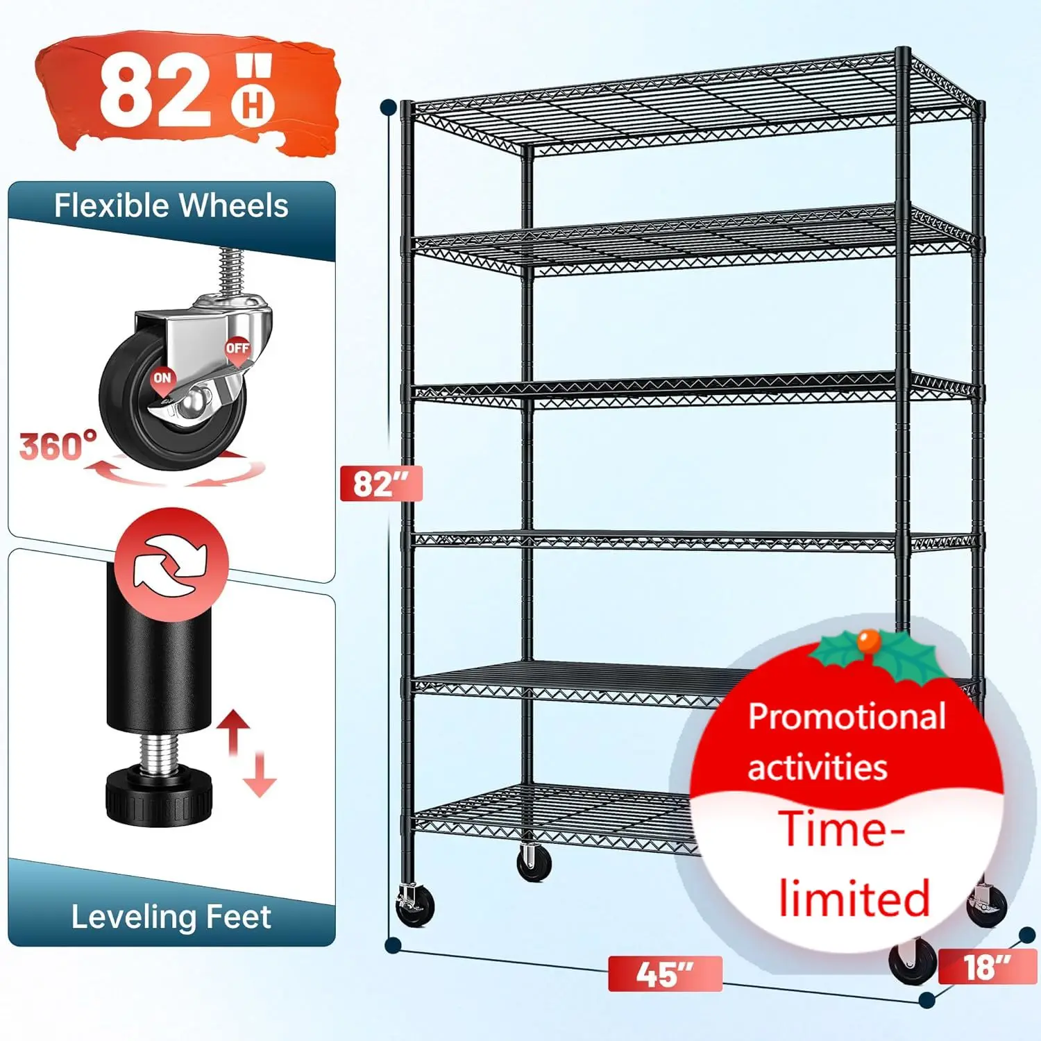 

82" H X45 W X18 D Storage Shelves with Wheels, 6 Tier Wire Shelving Adjustable Metal Shelving Pantry Shelves Capacity 2100LBS fo