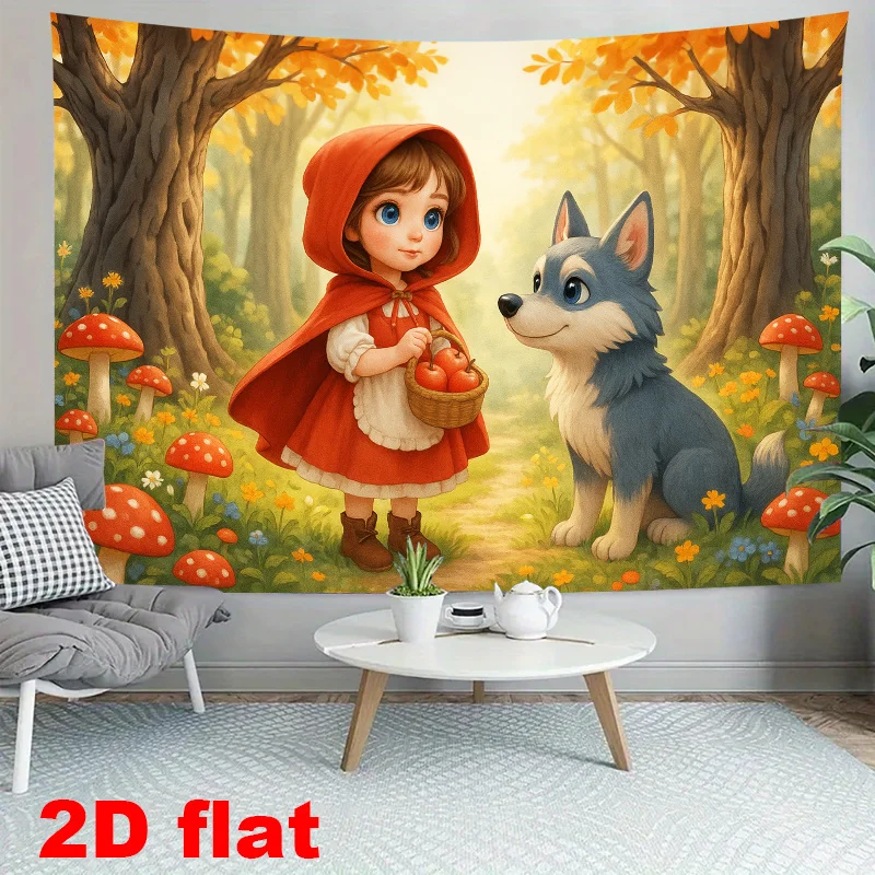 2D, 1 Stück roter Hintergrundstoff mit Waldmotiv aus Der Rotkäppchen- und Der Schrecklichen Wölfe-Geschichte – Lebendiger Pilz-Hintergrundstoff – Detail 8