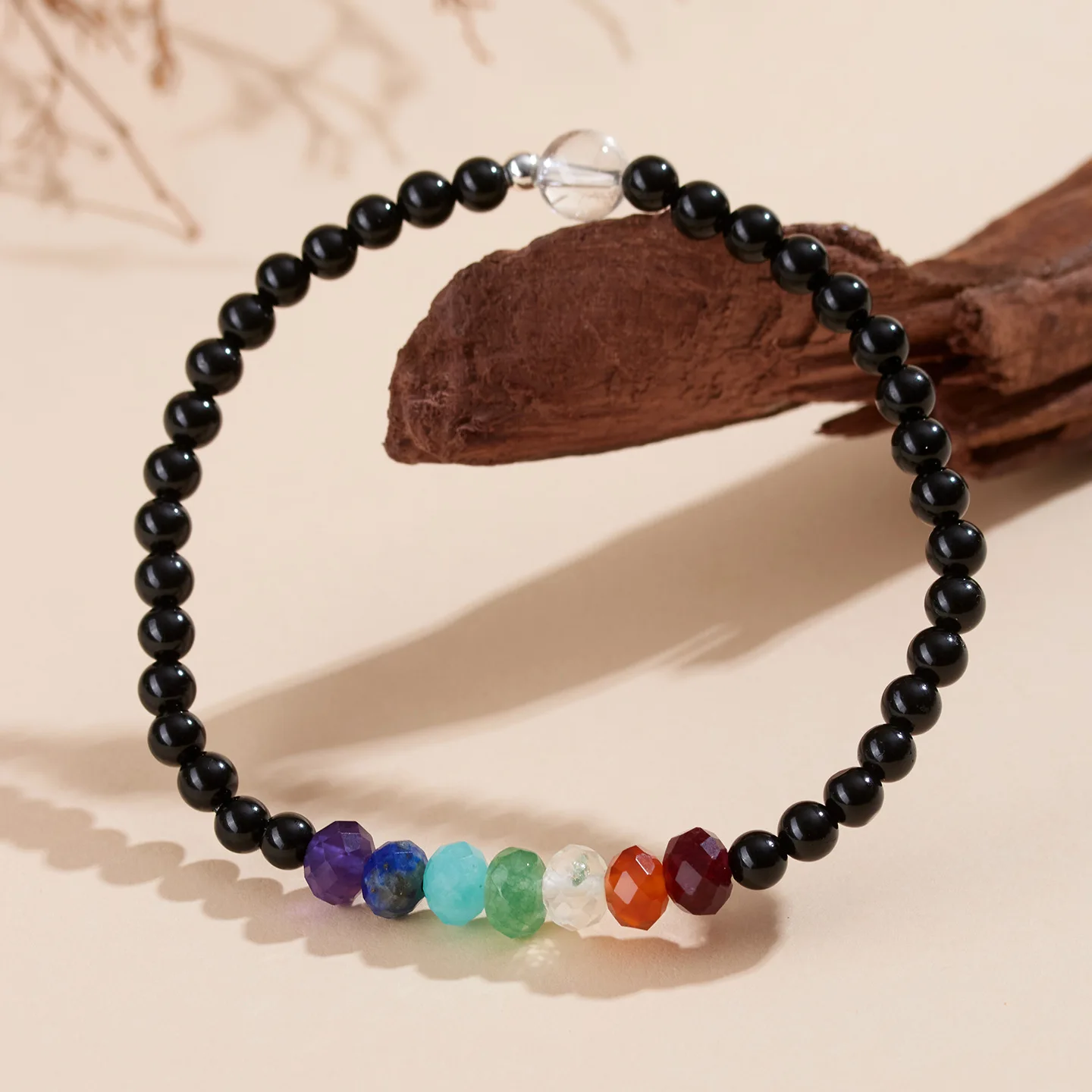Natural Crystal Black Tourmaline Colorful Life Stone Rainbow Beaded Bracelets for Women Gifts