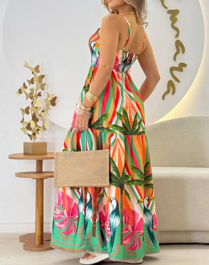 Dieren- en plantenbedrukt overhemd met dunne schouderband plus size jurk casual A-lijn taille uitlopende rok zomer nieuwe dameskleding