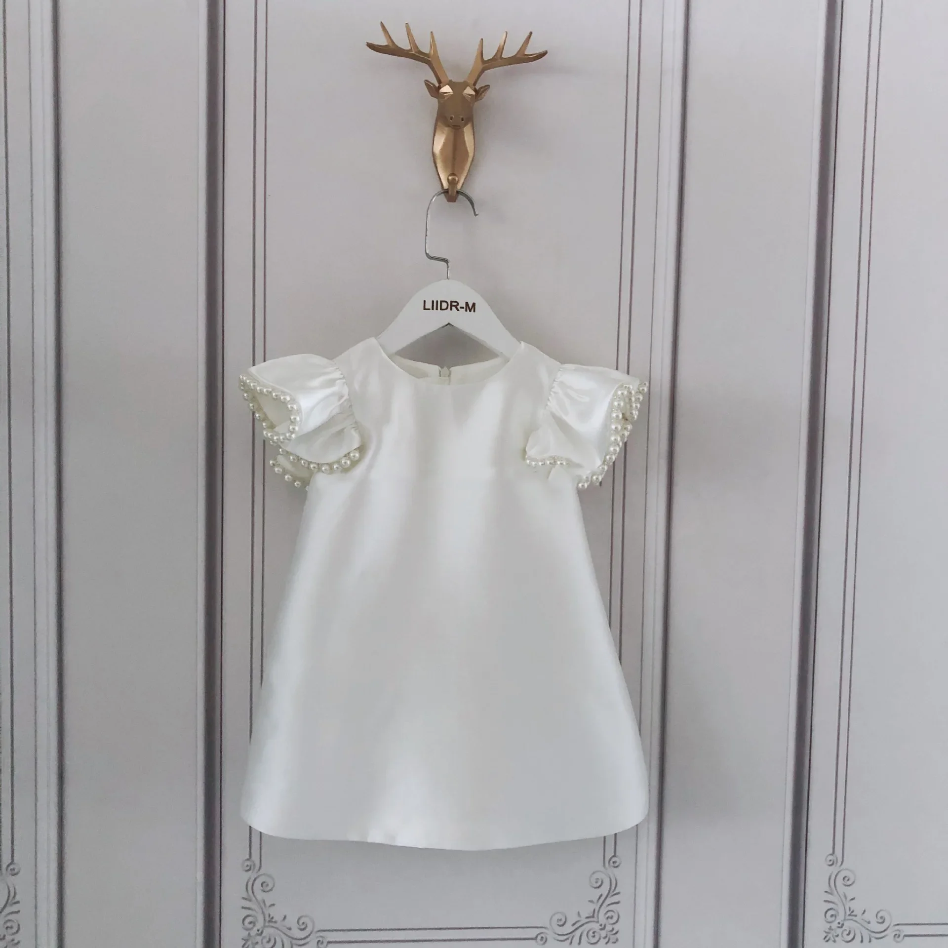 White Dress for Baby Girls Kids Christening Kid Clothes Pearl Beading A-Line Satin Dresses Big Bow Children Flower Girl Costumes