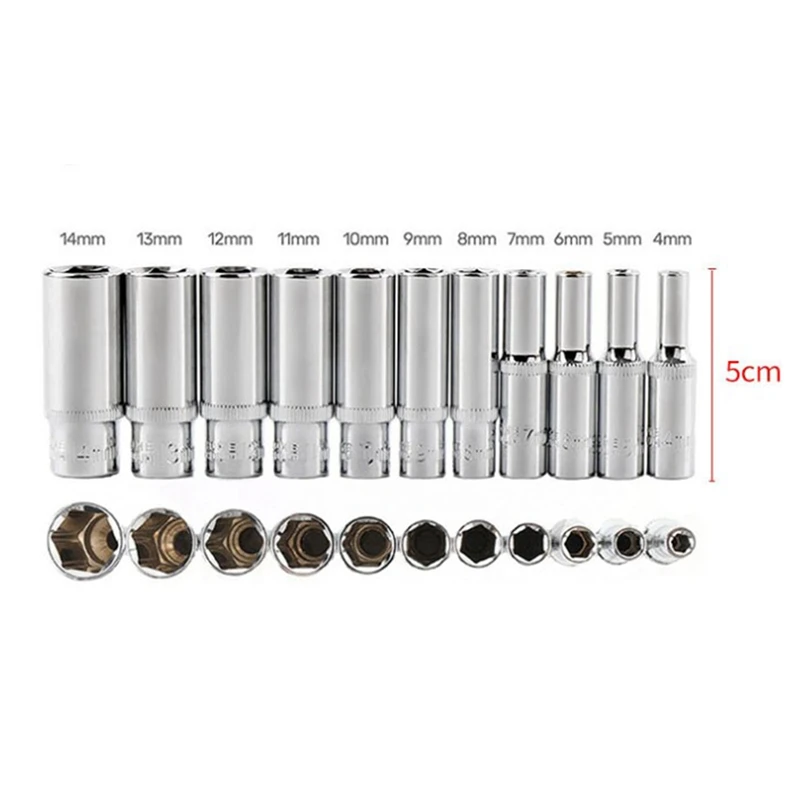 ABGG-11Pc 1/4 ชุดซ็อกเก็ตอะแดปเตอร์ซ็อกเก็ตยาว 4-14 มม.ลึกซ็อกเก็ตหัวเครื่องมือแรงบิด Spanner Ratchet Socket ประแจ