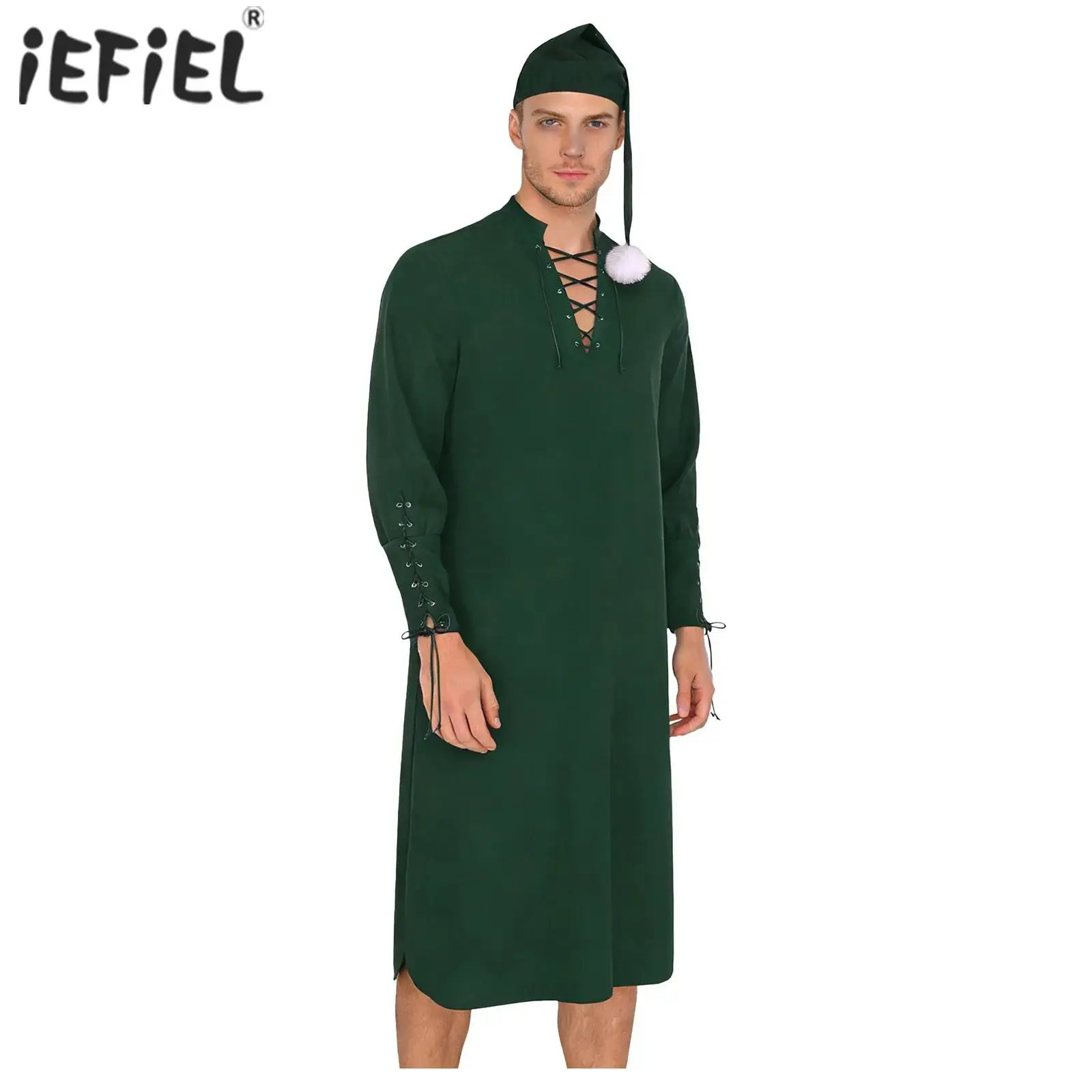 

Mens Renaissance Medieval Pirate Robe And Hat with A Pom-pom Vintage Sissy Costume Pajamas Gown with Hat Lace-up Neck And Cuffs