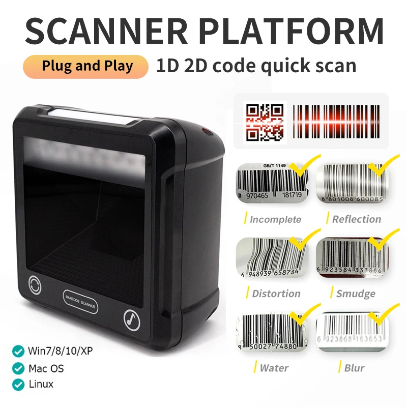 Handsfree 2D 1D Barcode Scanner Omnidirectional Desktop Automatic QR Bar Code Reader for  Supermarket Mobile Payment