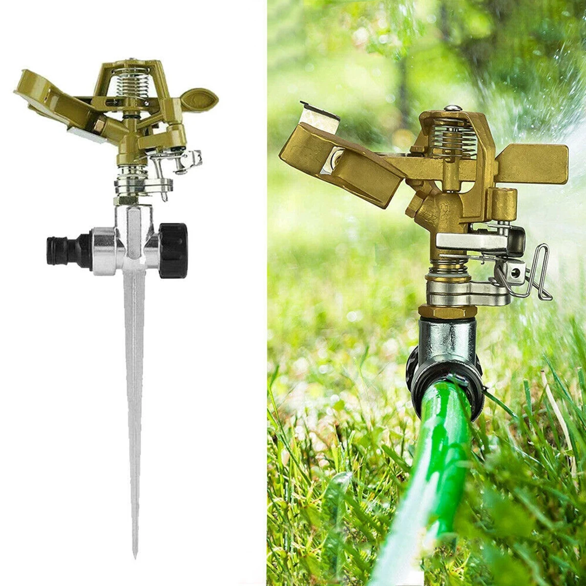 

NEW Garden Sprinklers 360 Degree Adjustable Rotate Sprinkler Lawn Irrigation Metal Spiked Impulse Quick-Release Hose Connector