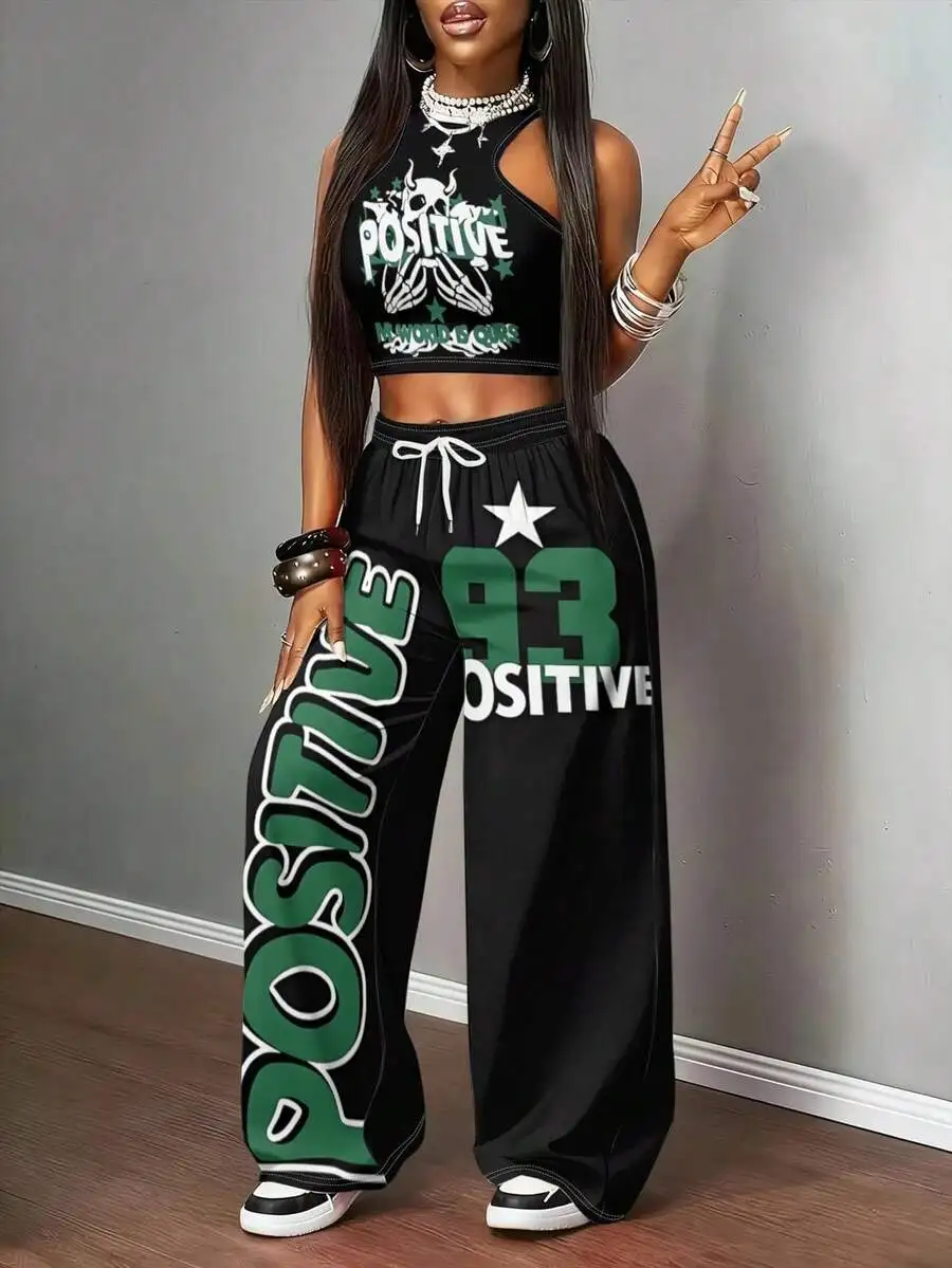 

Womens Skull Print 93 Positive Graphic Crop Top And Wide Leg Pants Two Piece Set