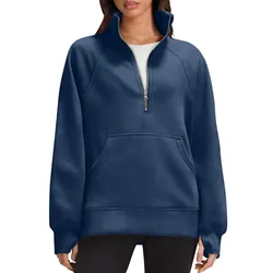 Stand Collar Casual Sweatshirts Half Zip Women Cropped Pullover Thumb Hole Overzised Hoodie Solid Color Plus Size Sports Outfit