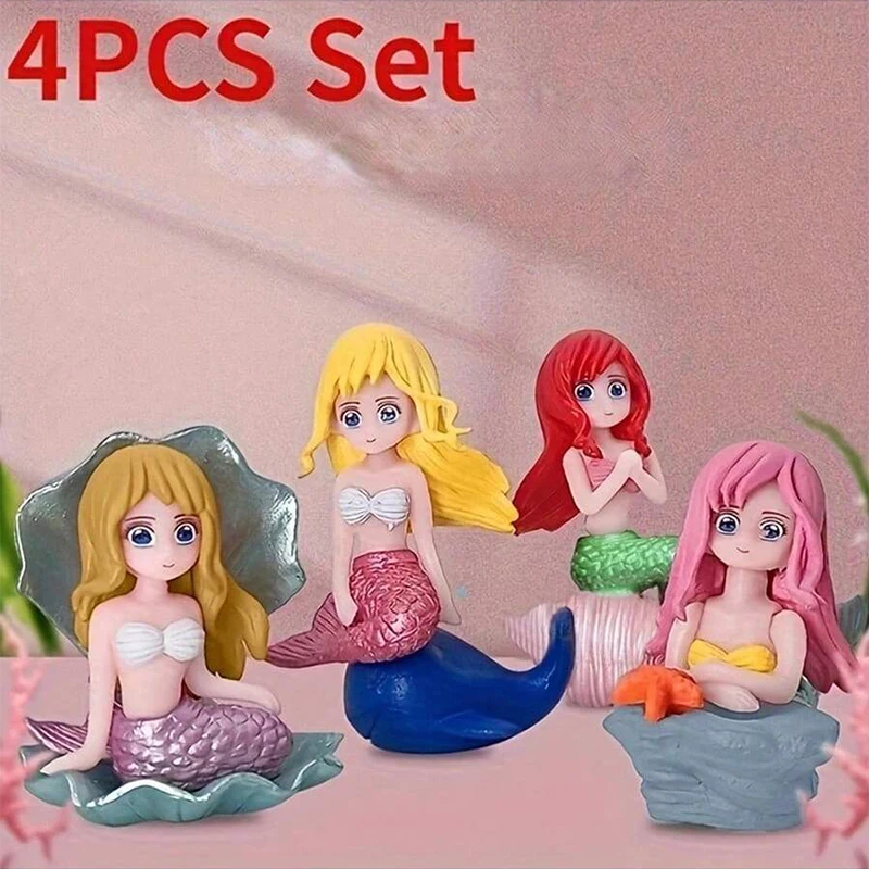 4pcs/1set Little Mermaid Ornament Miniature Figurines Aquarium Decoration Plastic Fish Tank DIY Cake Decor Desk Craft Accessorie