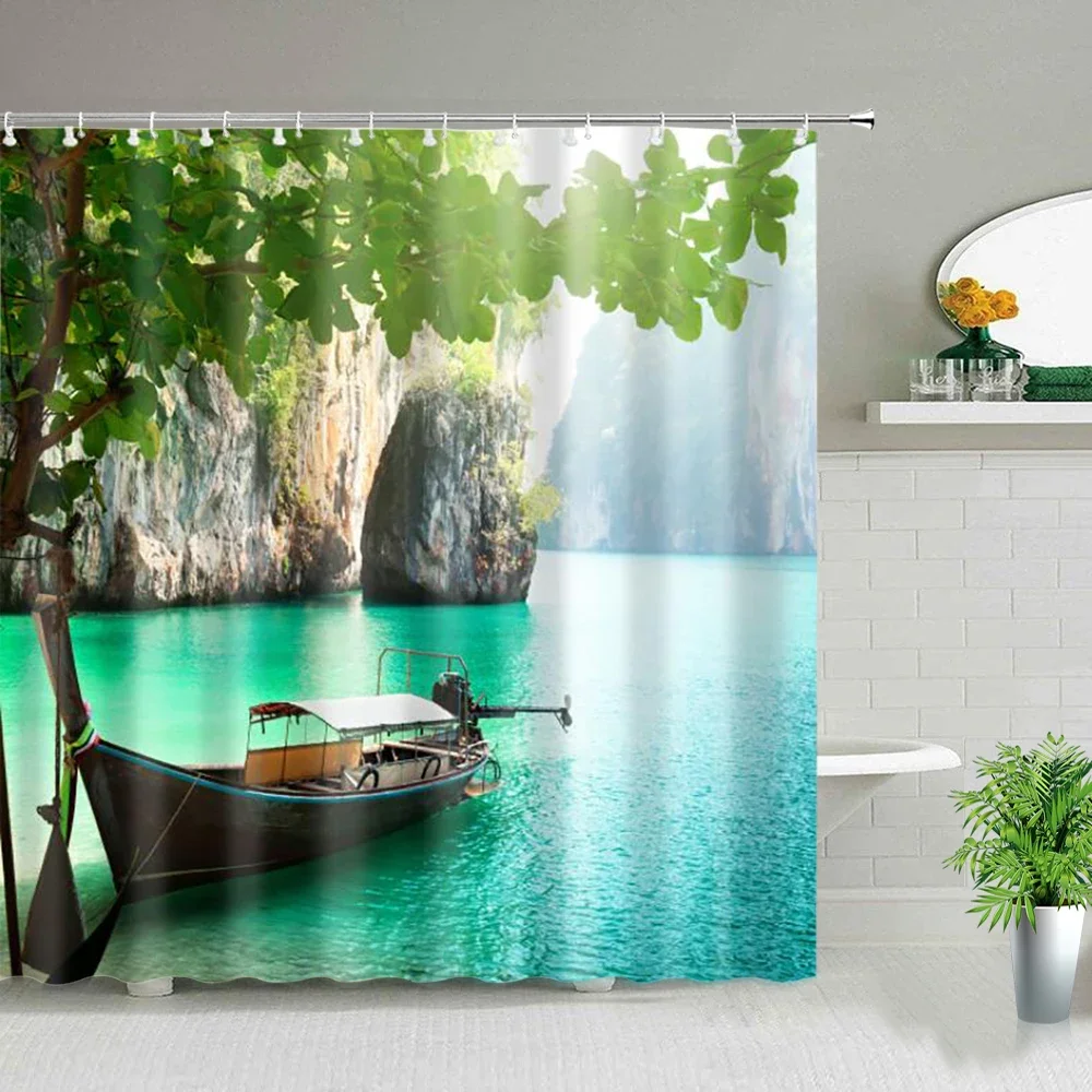 Shower Curtain Set Sunlight Beach Dream Forest Waterproof Polyester for Bathroom Curtains Green Plant Bathtub Decor With Hooks