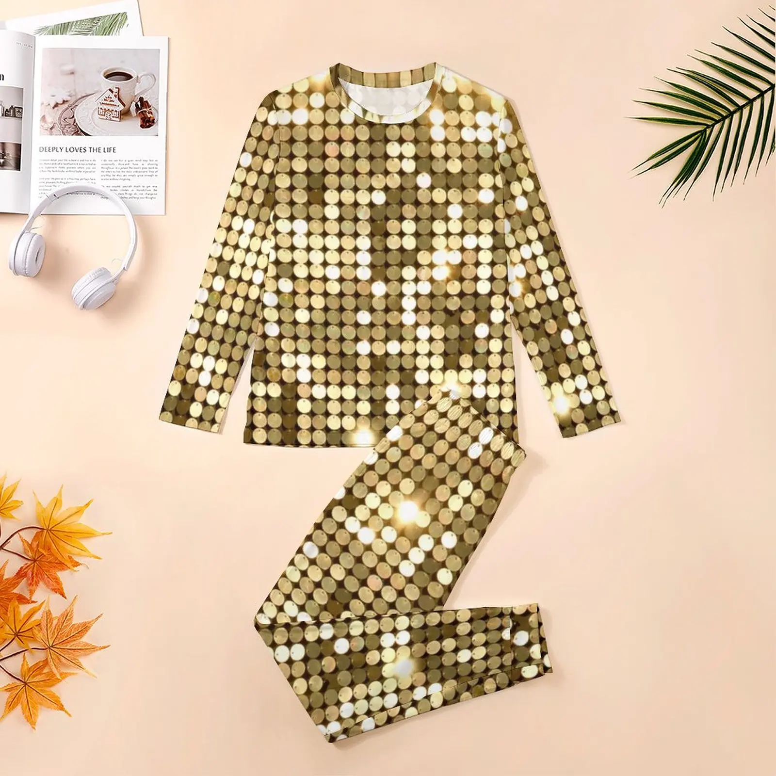 Golden Metallic Print Pajamas Spring 2 Piece Dot Print Glitter Sparkles Fashion Pajama Sets Long Sleeves Sleep Graphic Home Suit