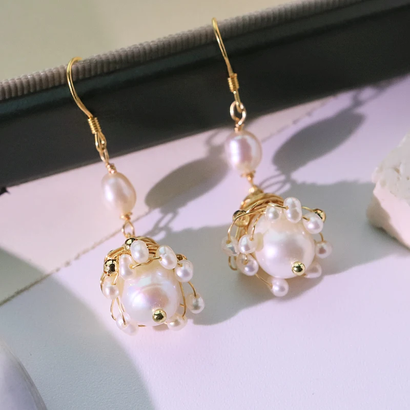 Natural Freshwater Pearl Bohemian Style Ear Hook Vintage 18k Electroplated Pendant Earrings Banquet Women's Jewelry GE0595A