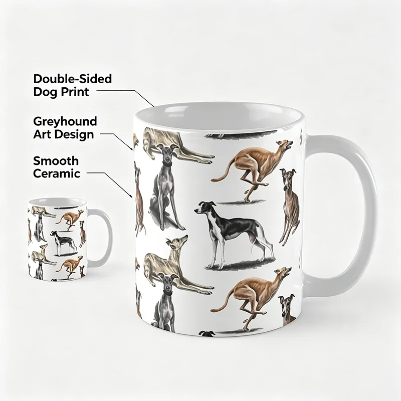 Vintage Watercolor Greyhound Collage Ceramic Mug Double Sided Print Porcelain Coffee Tea Cup Lovely Art Gift for Dog Lovers