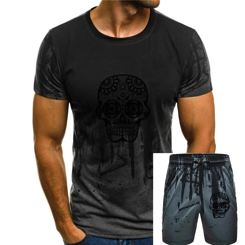 Camiseta casual macia e confortável masculina, camiseta relaxada, estampa de caveira de açúcar, tela estêncil, presente