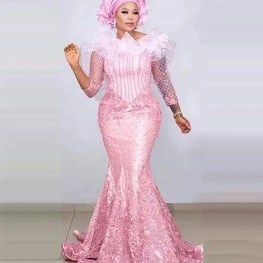 Aso Ebi abiti da sera formali sirena rosa maniche a tre quarti Nude scollo tondo con volant Appliques Prom Gala Wear