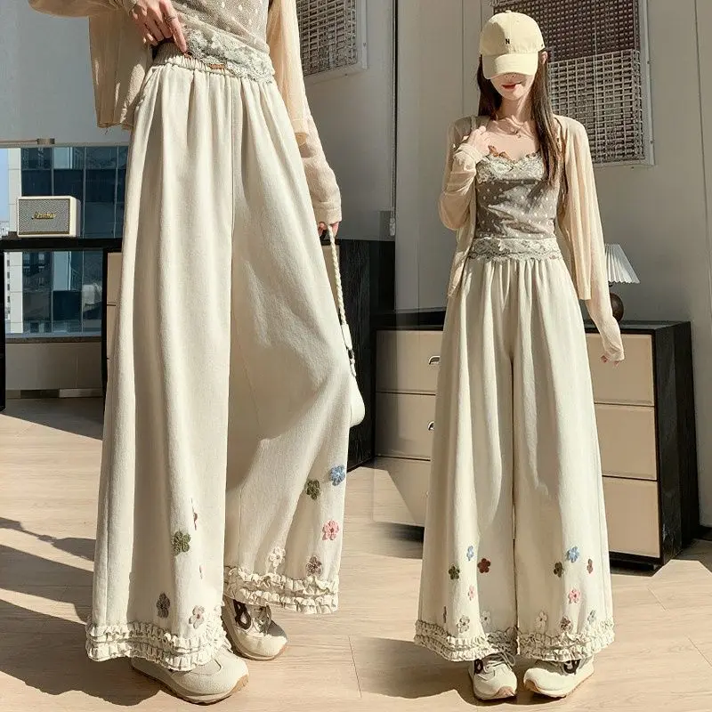 Super beautiful fungus edge splicing flower embroidery casual pants women summer 2026 new high waisted loose wide leg pants