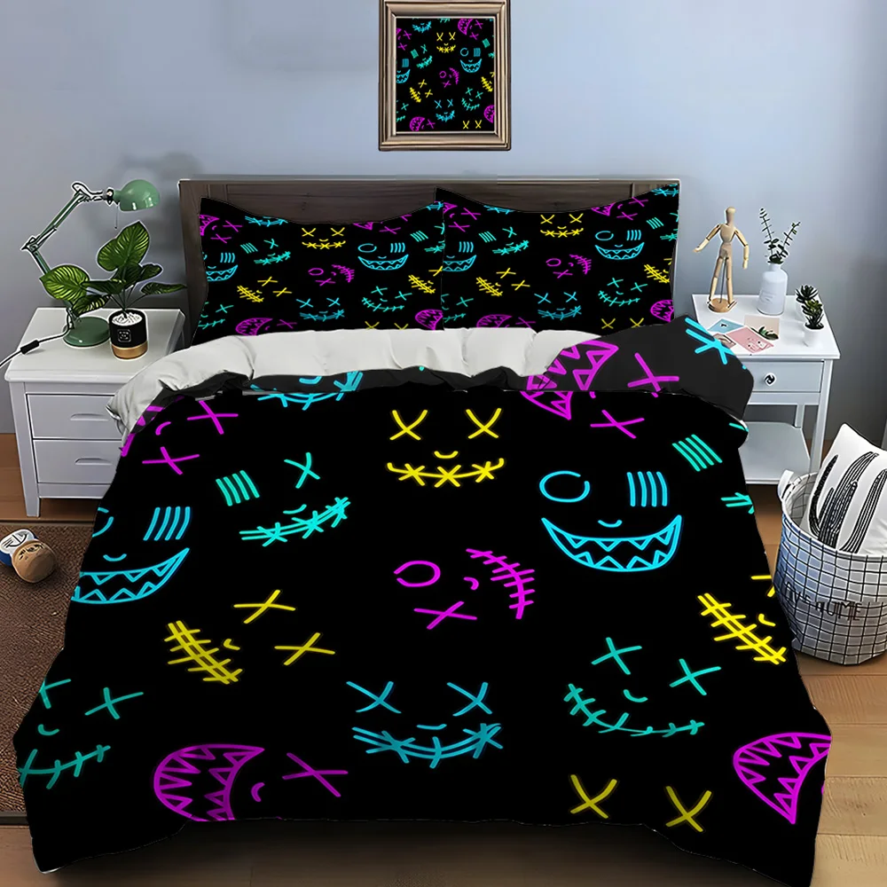 

Neon-style smiling faces pattern Bedding Set for Kids Luxury Gift 3pcs Digital Print Comforter Set Soft Comfortable Breathable