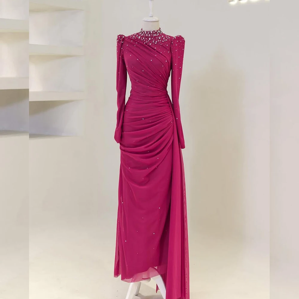 

Muslime Tulle Evening Dresses High Neck Long Sleeves Beading Modest Formal Women Prom Gowns Wedding Guest Outfits Customized