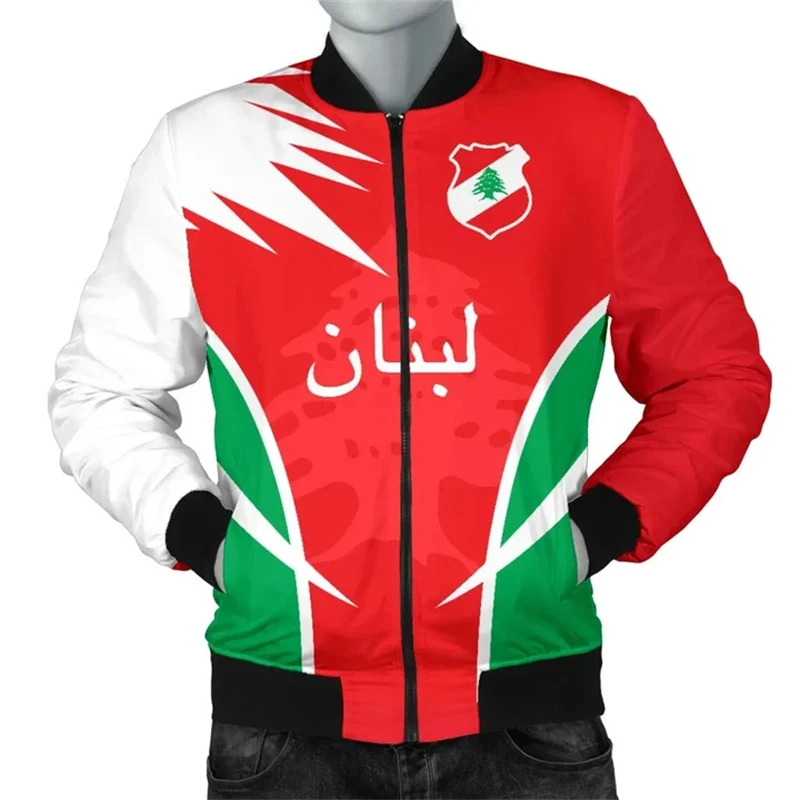 Vintage Men's Jacket Lebanon Flag Pattern Printed Sweatshirt Street Fashion Long Sleeve Oversized Loose Y2k Clothing Zip Jackets