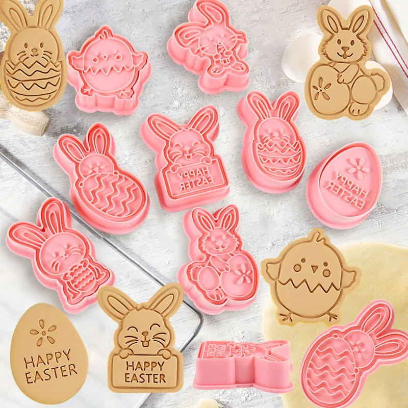 8Pcs Easter Cookies Mold Cutters Chick Rabbit Egg Fondant Biscuit Stamp Mould For Easter Birthday Party Cake Decor Baking Tools