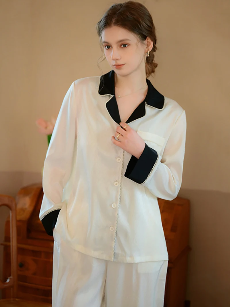 Spring Autumn Cream Black Pajama Long Sleeve Pants Silk Two Piece Set Casual Princess French Sleepwear Loungewear Home Clothing