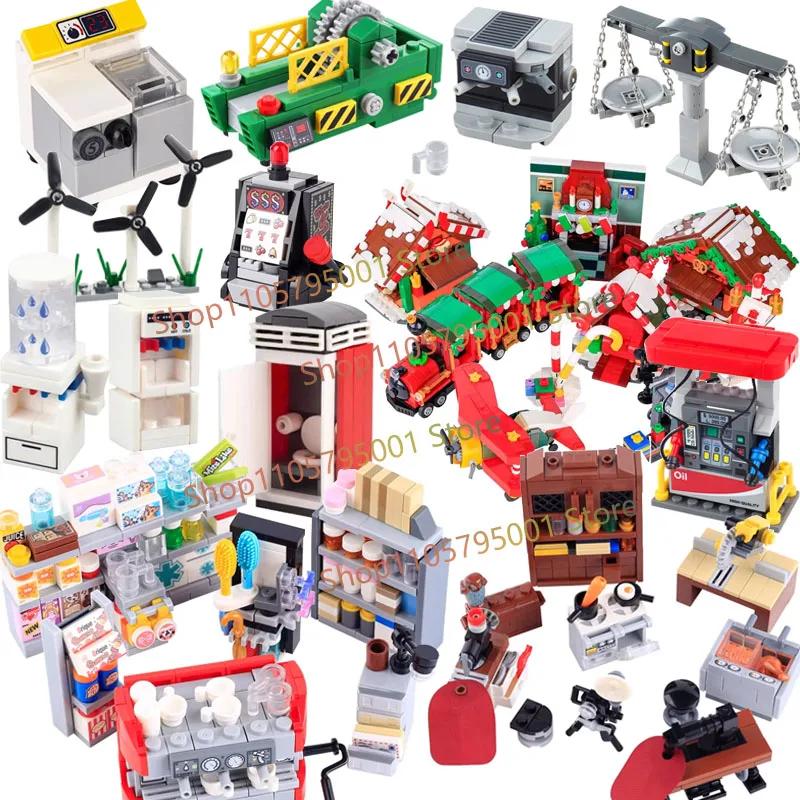 MOC Supermarket Furniture Building Blocks Shopping Cart Checkout Counter Milk Shelf Food Game Table Bed Camera Brick Kid Toys F8