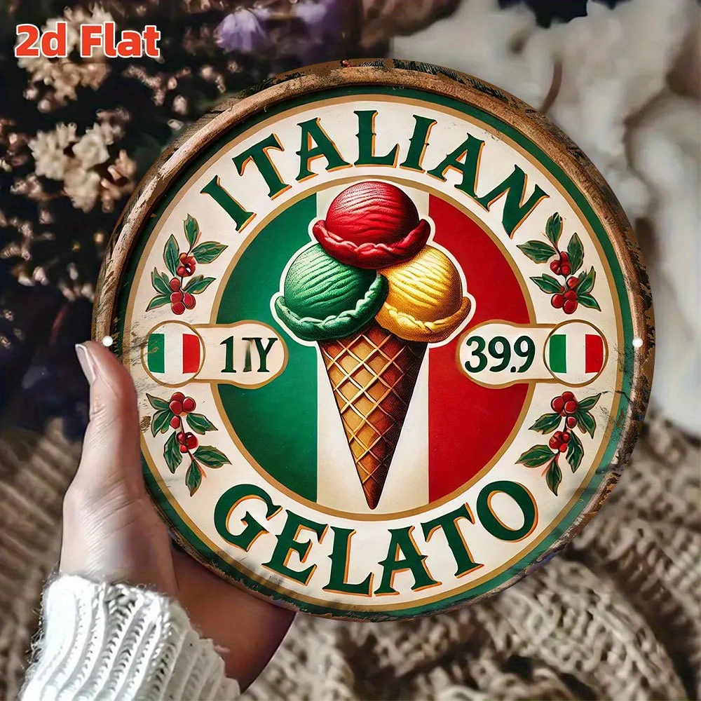Gafrond 2D-Wandkunstschild, italienisches Gelato-Logo, rundes Metalldekor, 7,8 x 7,8 Zoll, wasserfest, für drinnen und draußen, Dekoration für Café, Küche