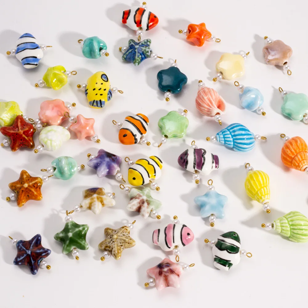 5Pcs Stainless Steel 38Style Ocean Wind Clown Fish Starfish Ceramic Pendant Charms DIY Necklace Bracelet Jewelry