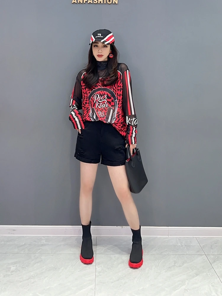 Vefadisa Red 2024 Autumn New Printed Patchwork Women T-shirt Turtleneck Long Sleeve Gauze Base Top Fashion All-match Top ZXY731A