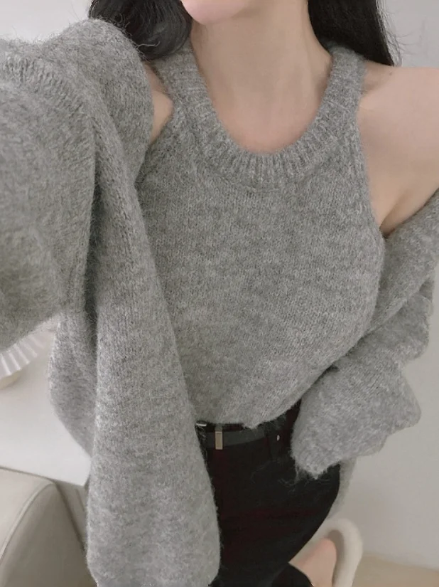 

Korean Style Lazy Knitted Vest Soft Cozy Sweater Jacket Two Piece Set Women's Fashionable Top for Autumn Winter New Arrival
