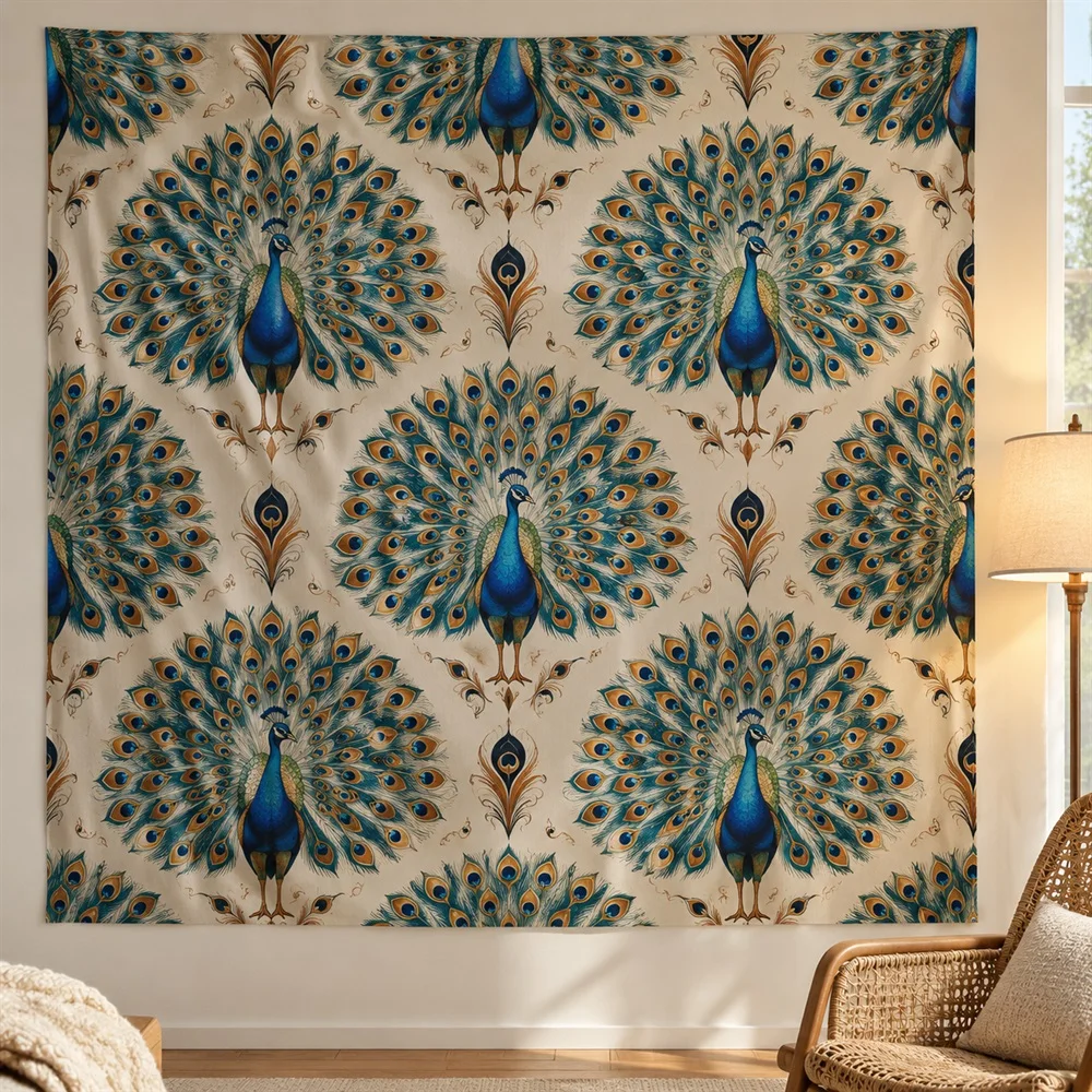 VIKAMA Peacock Feather Tapestry Wall Hanging, Ornamental Bird Luxury Aesthetic Room Decor Tapestries for Living Room Bedroom
