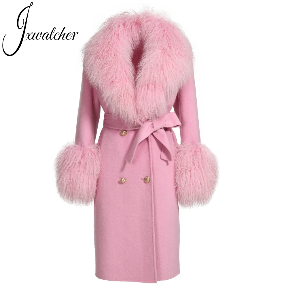 Jxwatcher Wool Cashmere Coat Women Real Mongolian Sheep Fur Collar Ladies Double Faced Coats Belt Winter Fall Long Trench Jacket